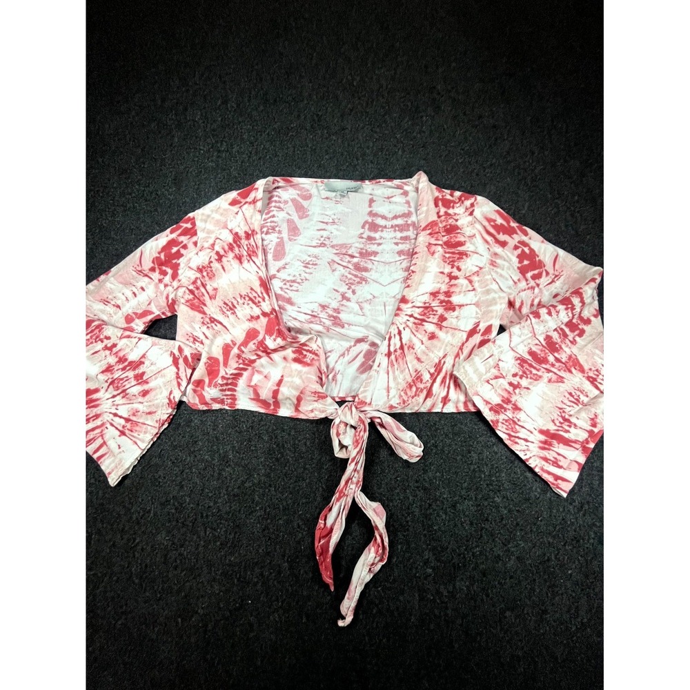 Luukse Crop Top Womens Medium Red White Abstract Print Knotted Front Bell Sleeve